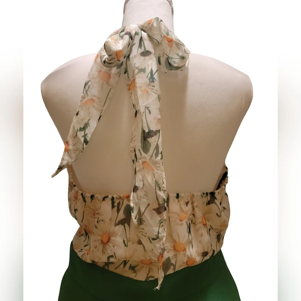 60s/70s Vintage Inspired Retro Stage Size 2XL Green Floral Halter Midi Dress - Picture 7 of 10